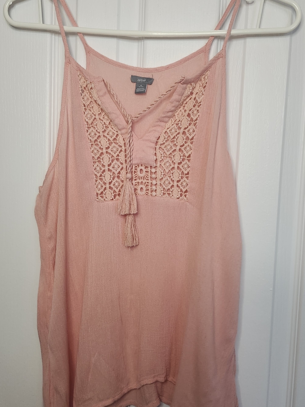 aerie Blush Pink Crochet-Front Tassel Spaghetti Strap Camisole
